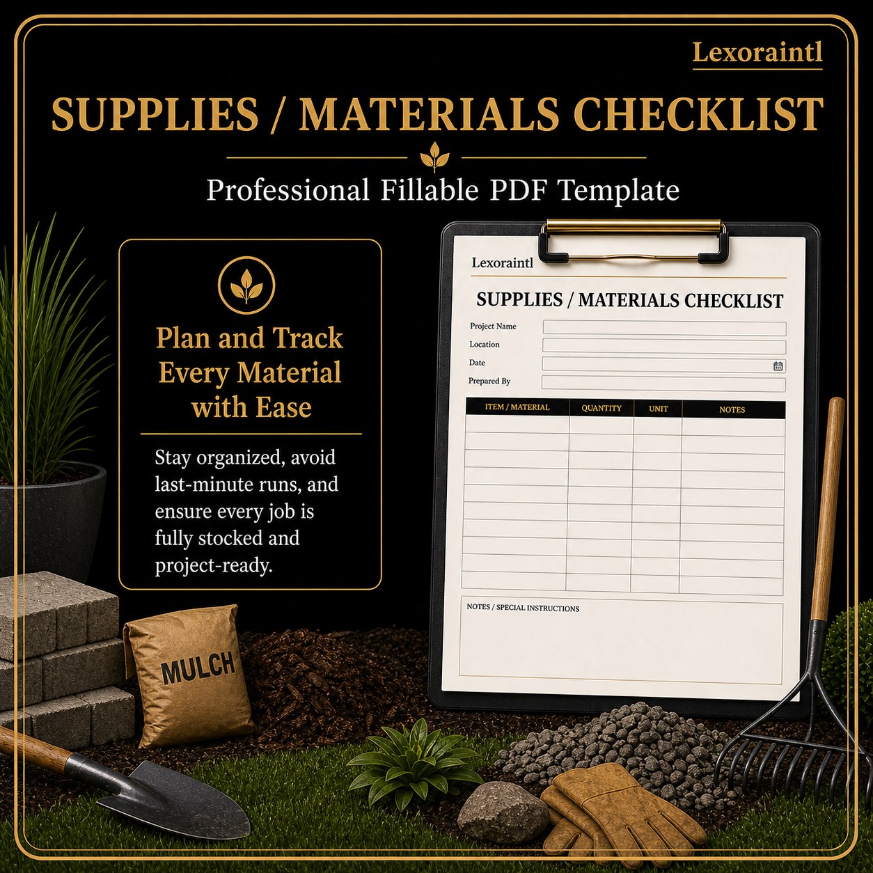 Landscaping Supplies / Materials Checklist Template – Fillable PDF