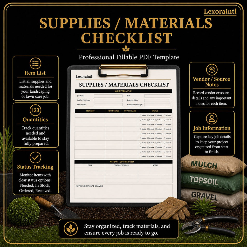 Landscaping Supplies / Materials Checklist Template – Fillable PDF