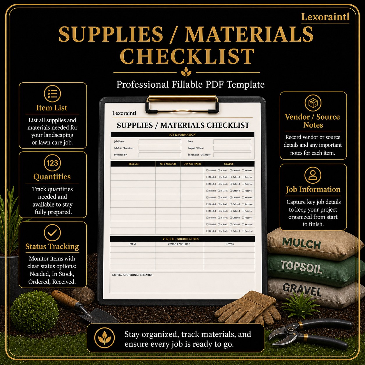 Landscaping Supplies / Materials Checklist Template – Fillable PDF