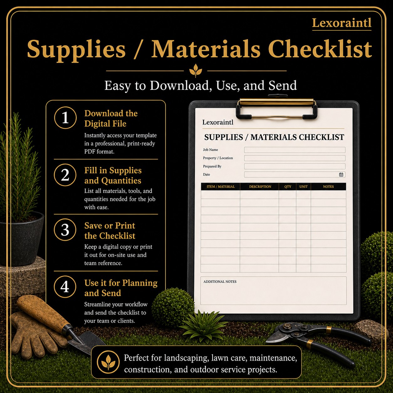 Landscaping Supplies / Materials Checklist Template – Fillable PDF