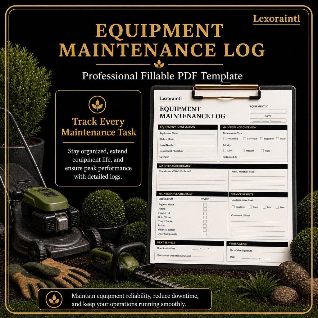 Landscaping Equipment Maintenance Log Template – Fillable PDF