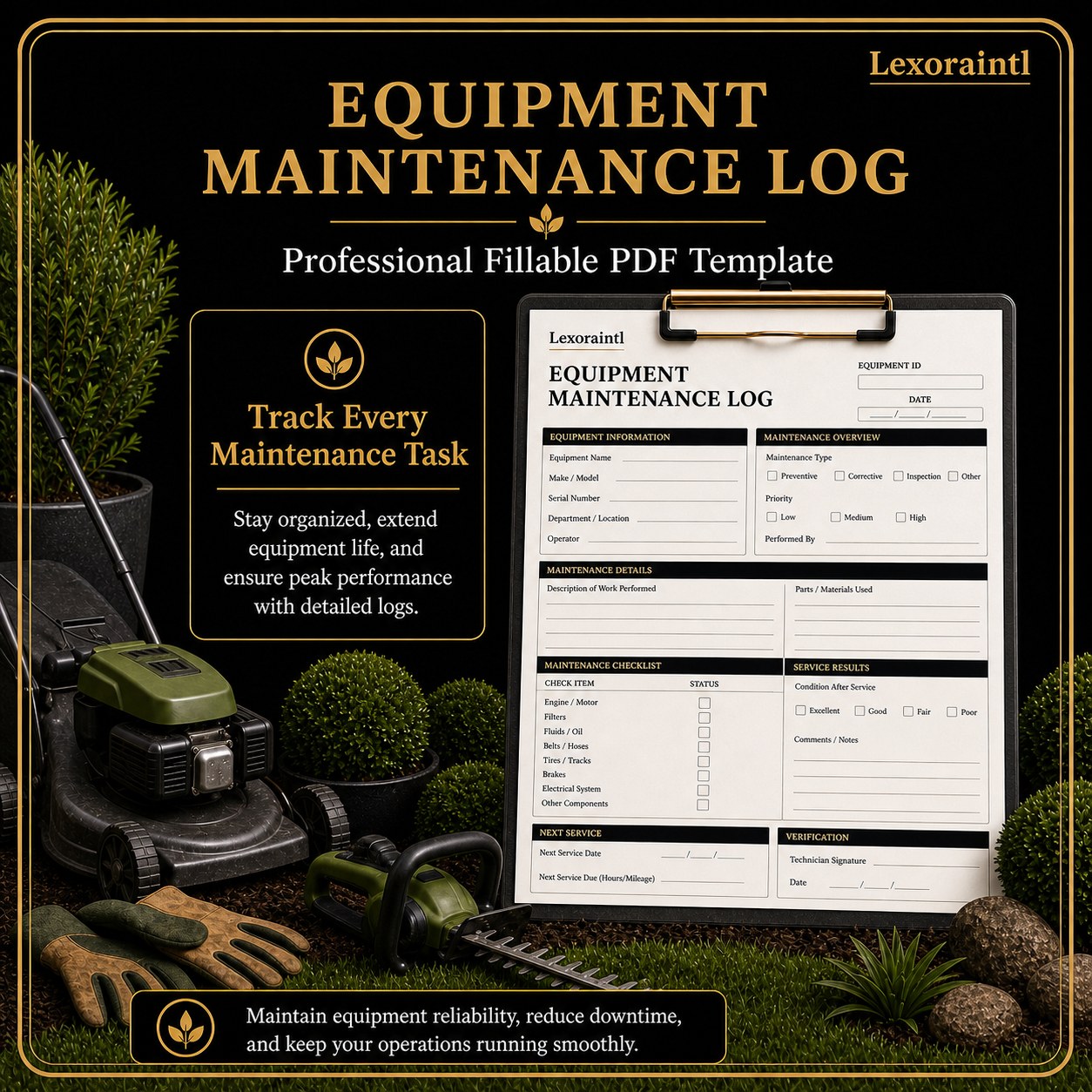 Landscaping Equipment Maintenance Log Template – Fillable PDF