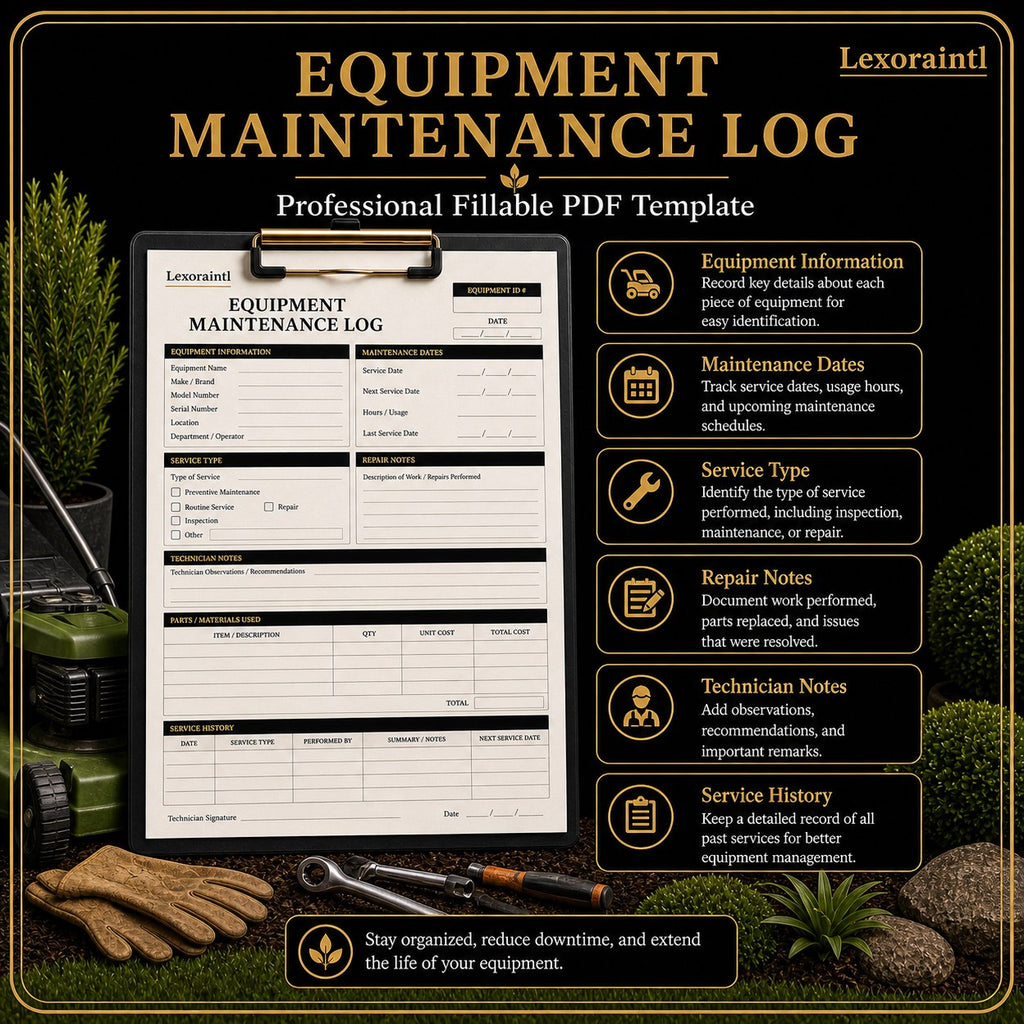 Landscaping Equipment Maintenance Log Template – Fillable PDF