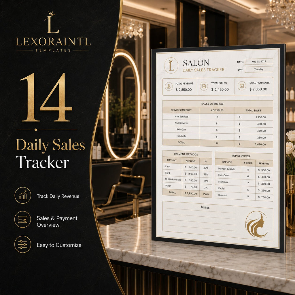 Daily Sales Tracker – Fillable PDF + Excel | Lexoraintl Salon Business Template