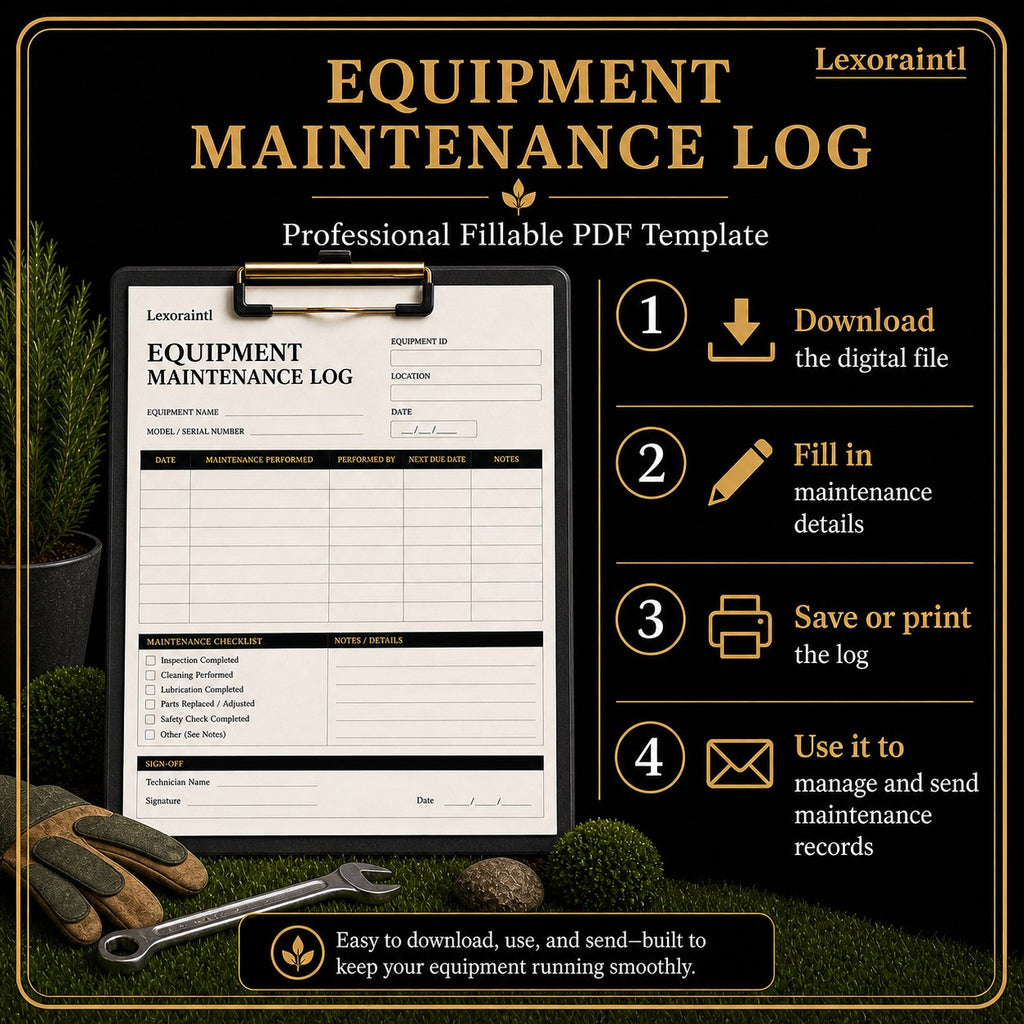 Landscaping Equipment Maintenance Log Template – Fillable PDF