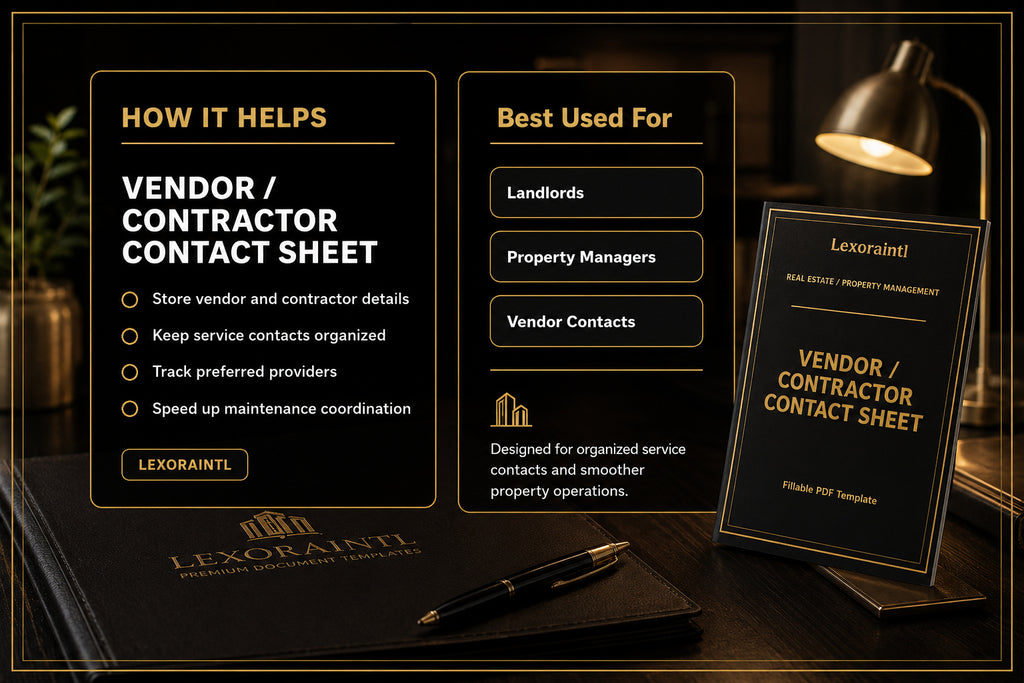 Vendor / Contractor Contact Sheet Template | Fillable PDF for Landlords & Property Managers