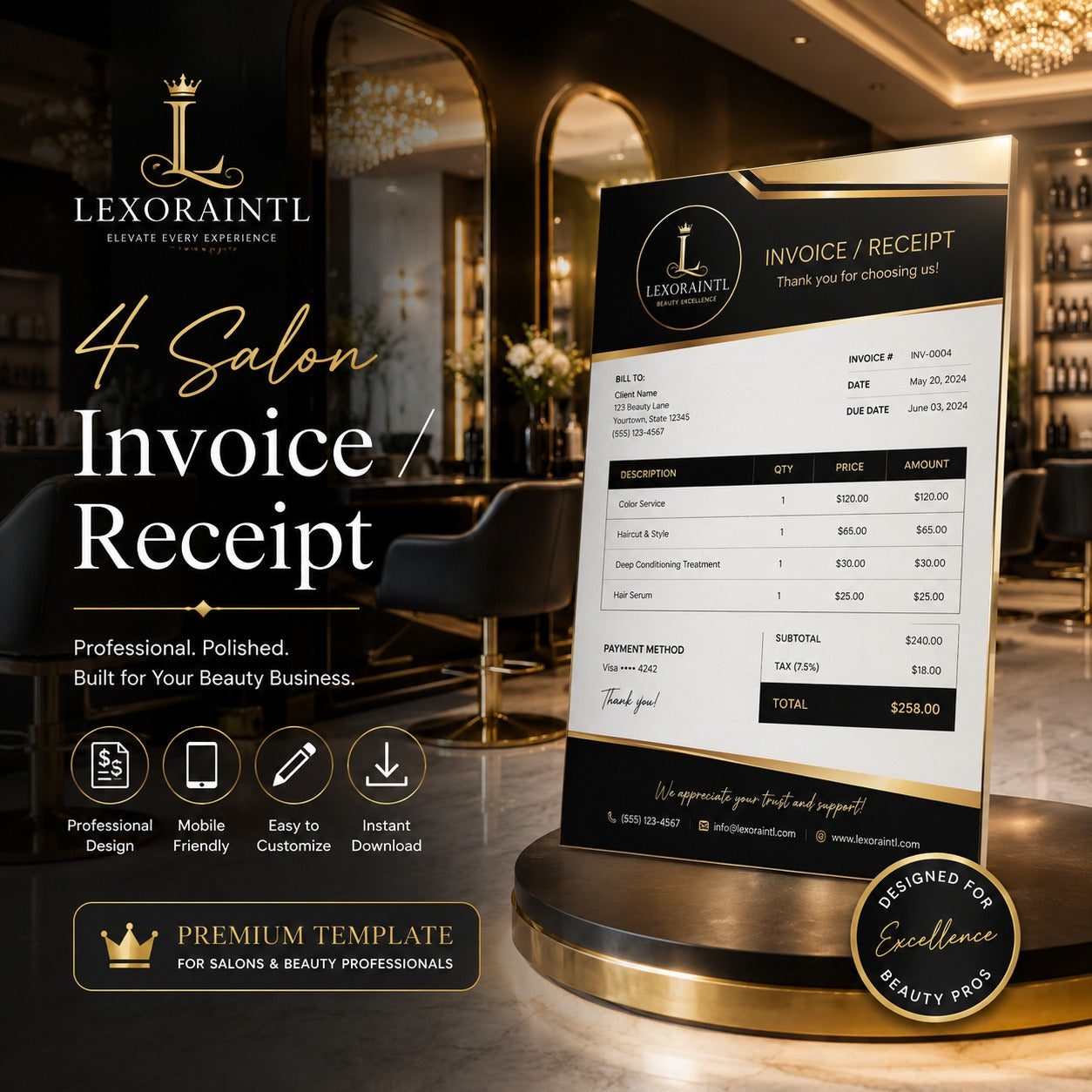 Salon Invoice / Receipt Template – Fillable PDF + Excel | Lexoraintl Salon Business Template