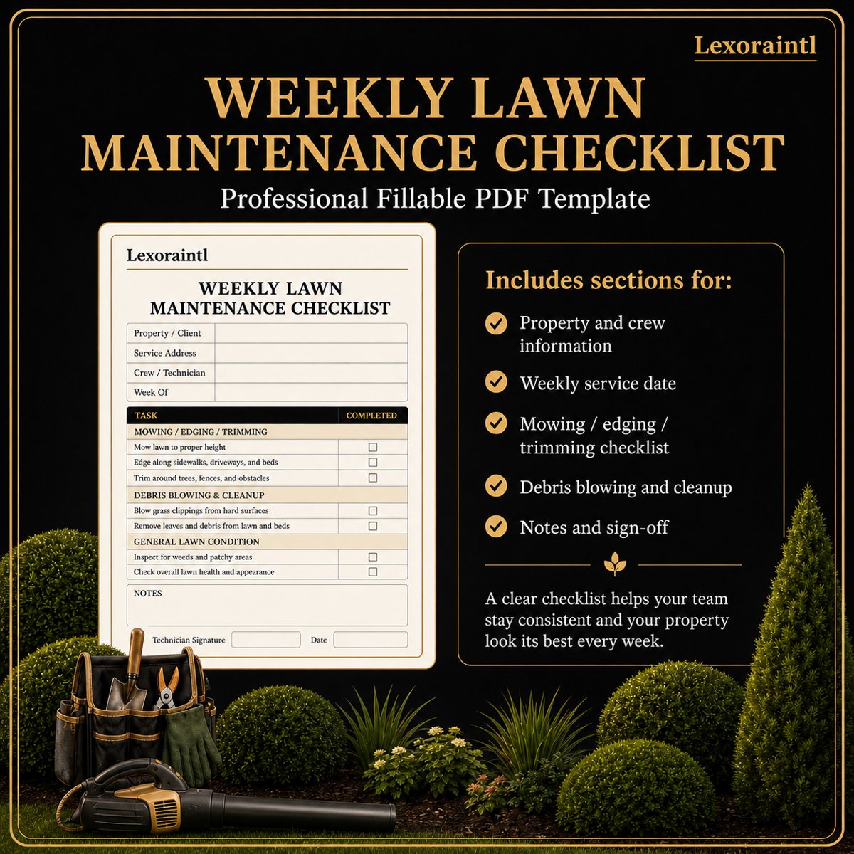 Weekly Lawn Maintenance Checklist Template – Fillable PDF