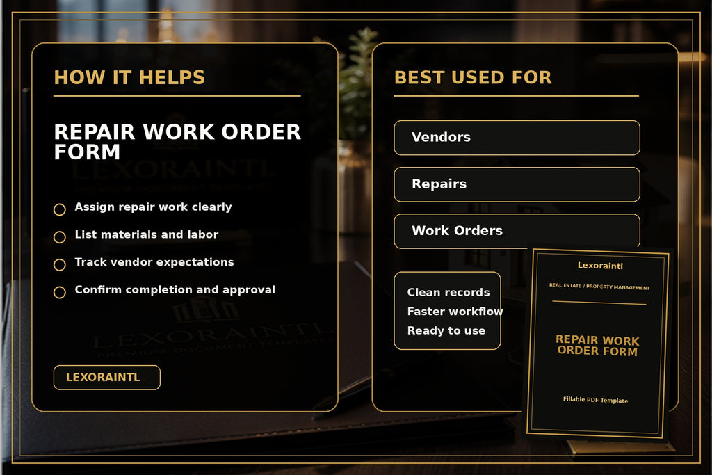 Repair Work Order Form Template | Fillable PDF for Landlords, Property Managers & Contractors