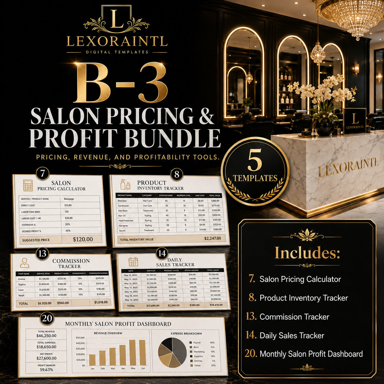 Salon Pricing & Profit Bundle – 5 Templates | Fillable PDF + Excel | Lexoraintl Salon Business Bundle