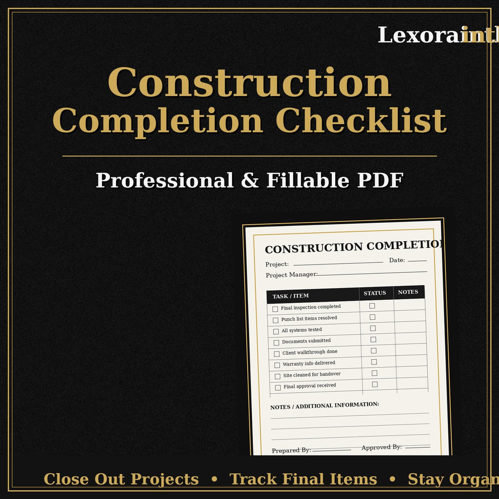 Construction Completion Checklist | Fillable PDF Project Closeout Template