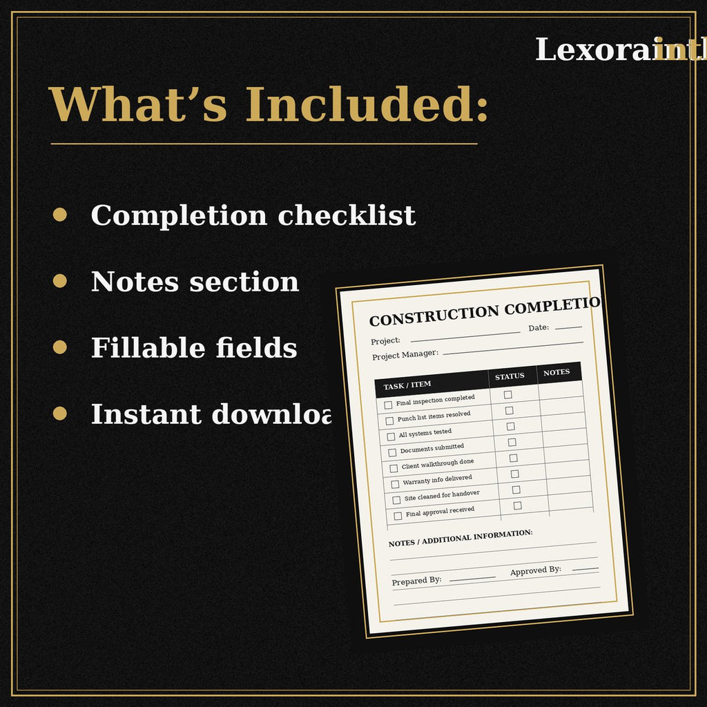 Construction Completion Checklist | Fillable PDF Project Closeout Template