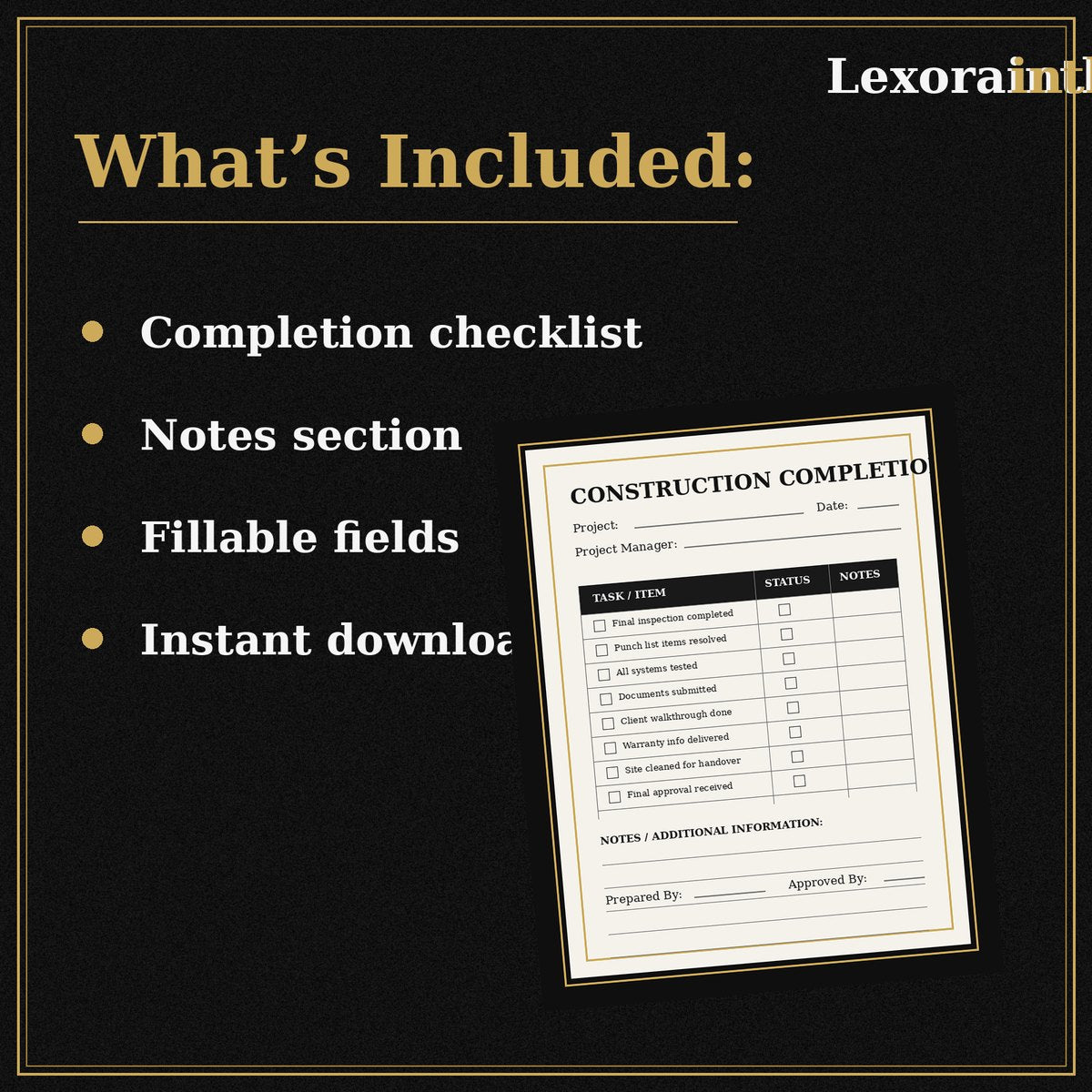 Construction Completion Checklist | Fillable PDF Project Closeout Template